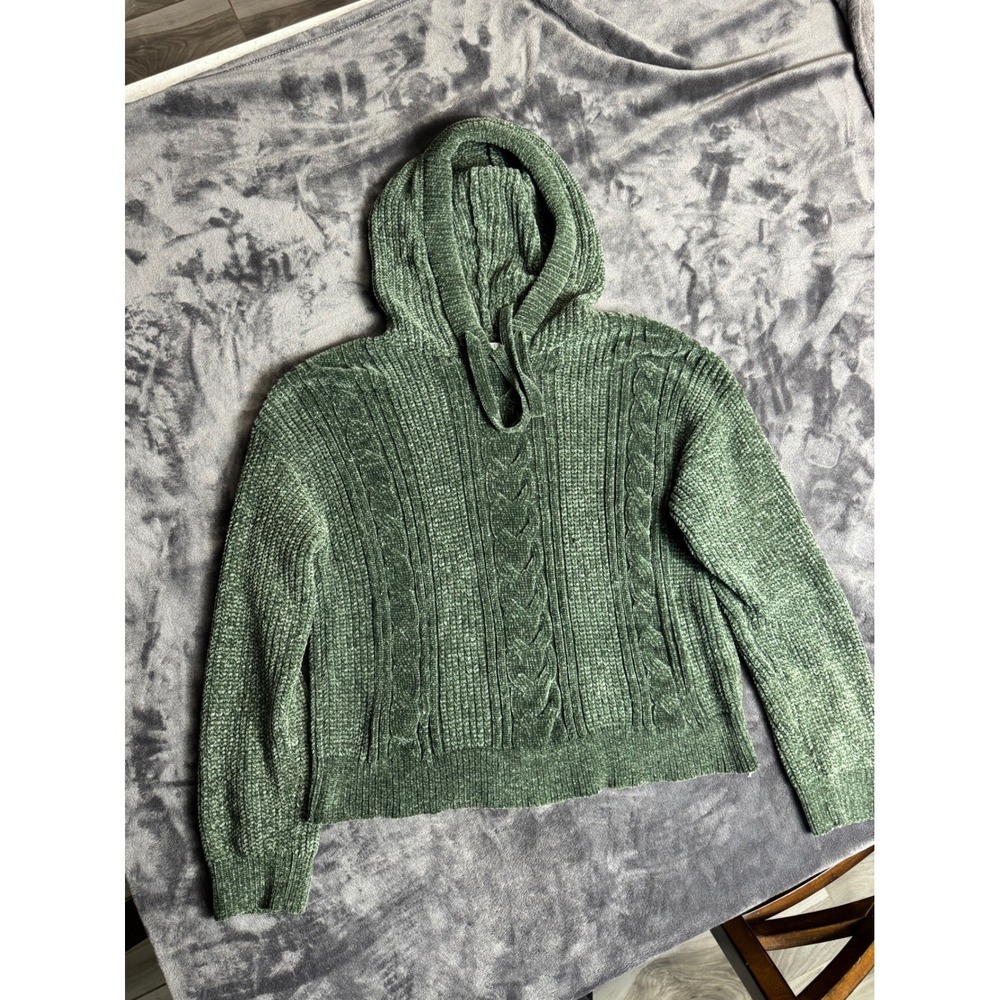 Time and Tru Womens Chenille Knit Hoodie Olive Green Cable Sweater Large 12-14